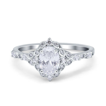 Oval Engagement Ring Accent Vintage Simulated Cubic Zirconia 925 Sterling Silver